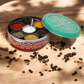 Hand Painted Spice Box With 7 Compartments - Green And Red